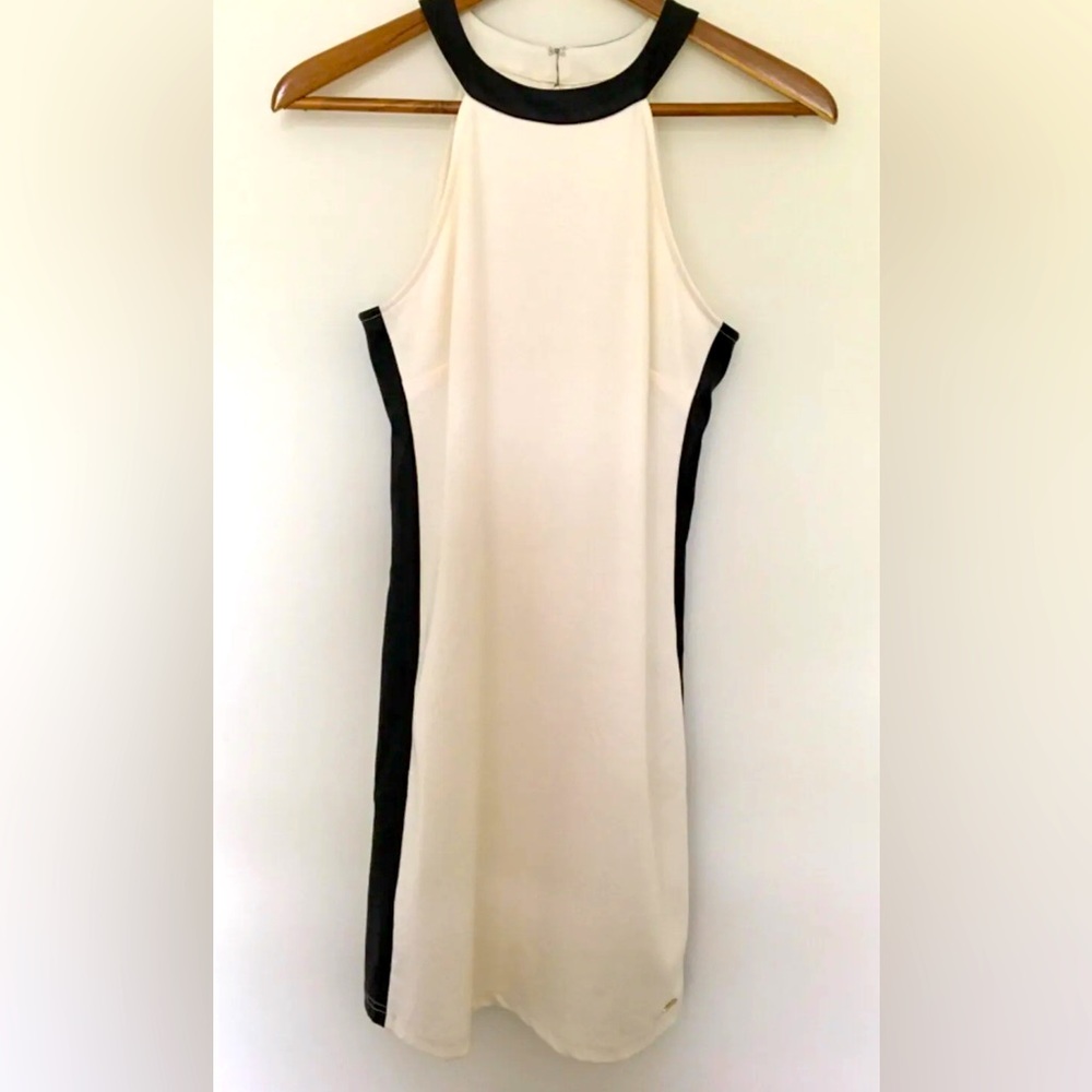 NWT Guess Faith Black Faux Leather Trim White Halter Dress Sz XS